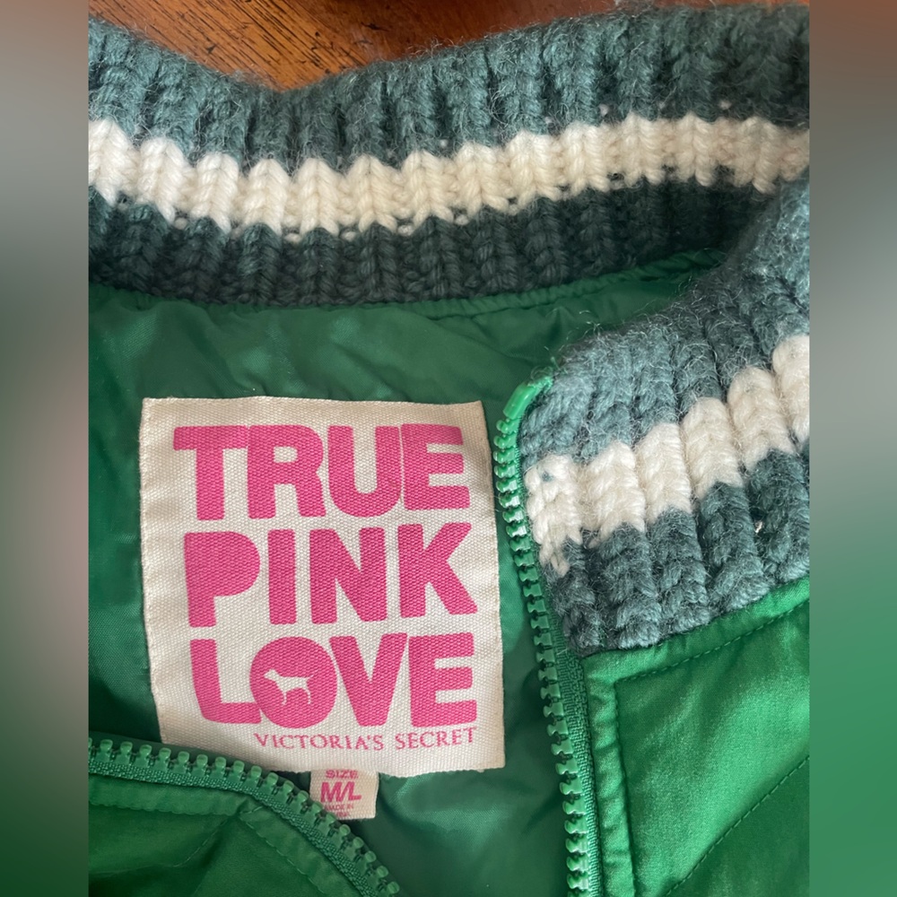 Victoria's Secret Pink "Love 86" Green Down Puffer Vest w Knit Detail - Size M/L - Picture 4 of 6